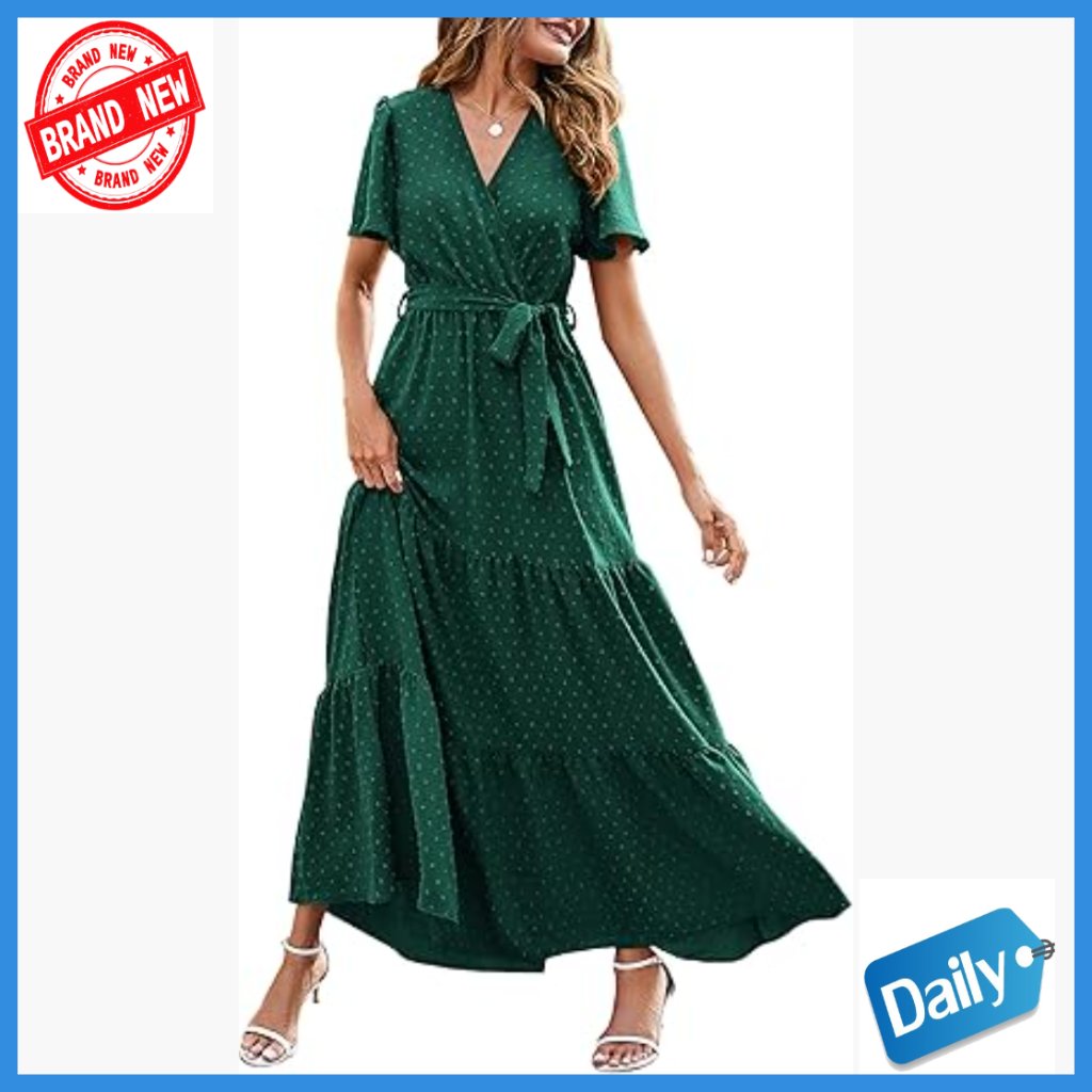 Swiss Dot Maxi Dress Wrap V Neck Flutter Sleeve Boho Formal
